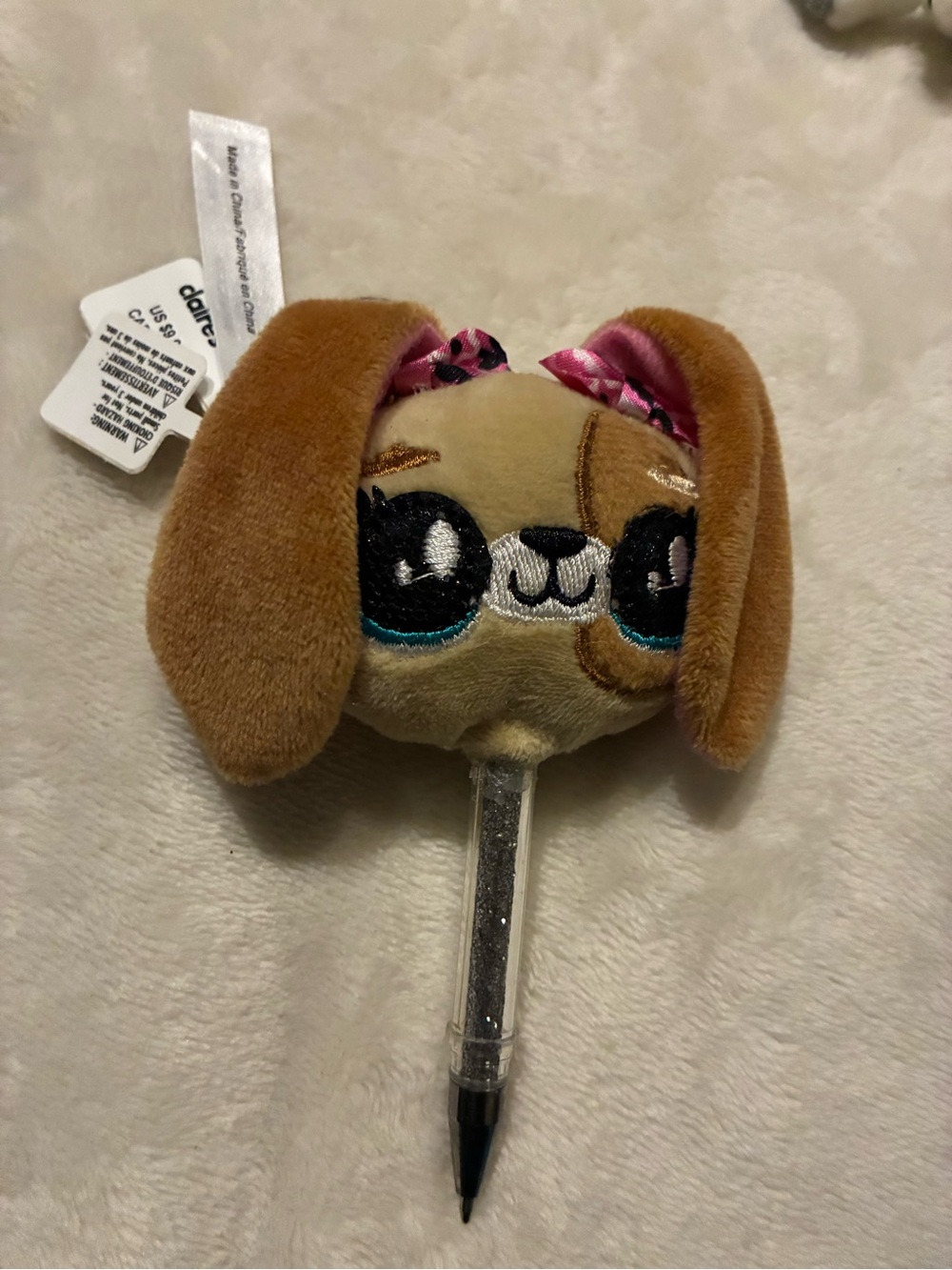 Claire’s Plush Brown Puppy Dog Ballpoint Pen W Silver Glitter Keychain